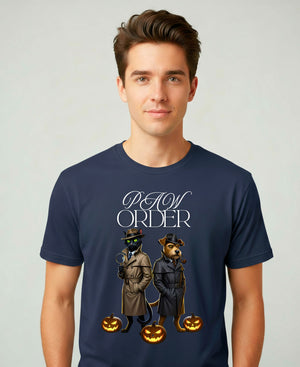 “Paw Order Halloween Meme Funny Tee – funny Halloween pet meme t-shirt featuring cat judge and ghostly paw design”