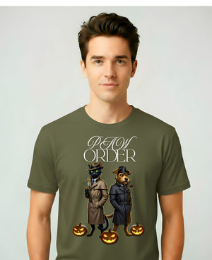 “Paw Order Halloween Meme Funny Tee – funny Halloween pet meme t-shirt featuring cat judge and ghostly paw design”