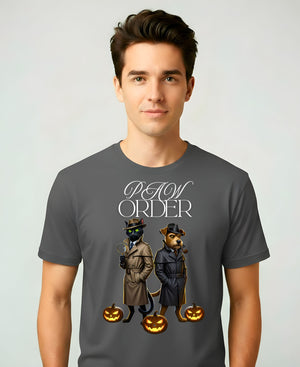 “Paw Order Halloween Meme Funny Tee – funny Halloween pet meme t-shirt featuring cat judge and ghostly paw design”