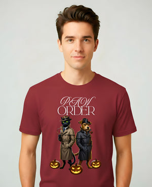 “Paw Order Halloween Meme Funny Tee – funny Halloween pet meme t-shirt featuring cat judge and ghostly paw design”