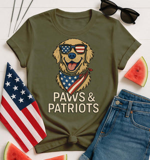Humorous red, white, and blue paw print t-shirt for animal lover