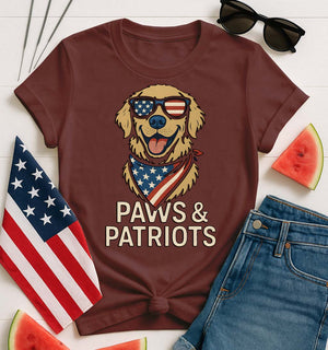 Humorous red, white, and blue paw print t-shirt for animal lover
