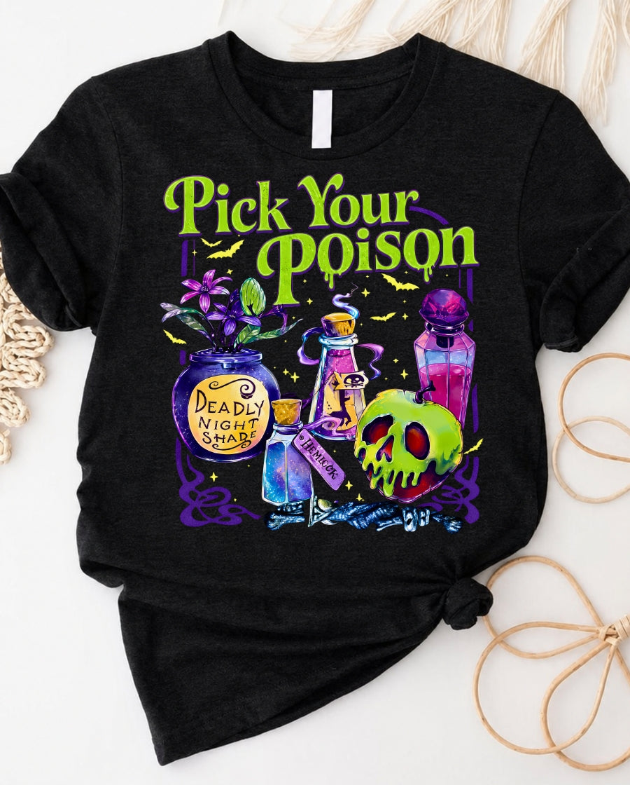 Pick your poison halloween t-shirt with gothic potion bottles and skull graphic