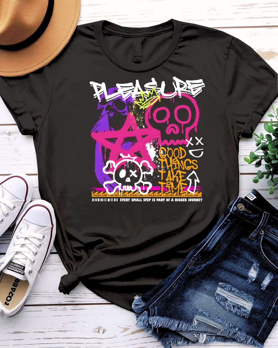 Pleasure Streetwear Tee with serpent coiled around ripe fruit on model