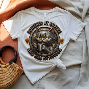 Powered by Coffee and Bad Attitude tee with bold typography