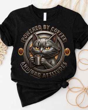 Powered by coffee t-shirt with bold caffeine lover graphic design
