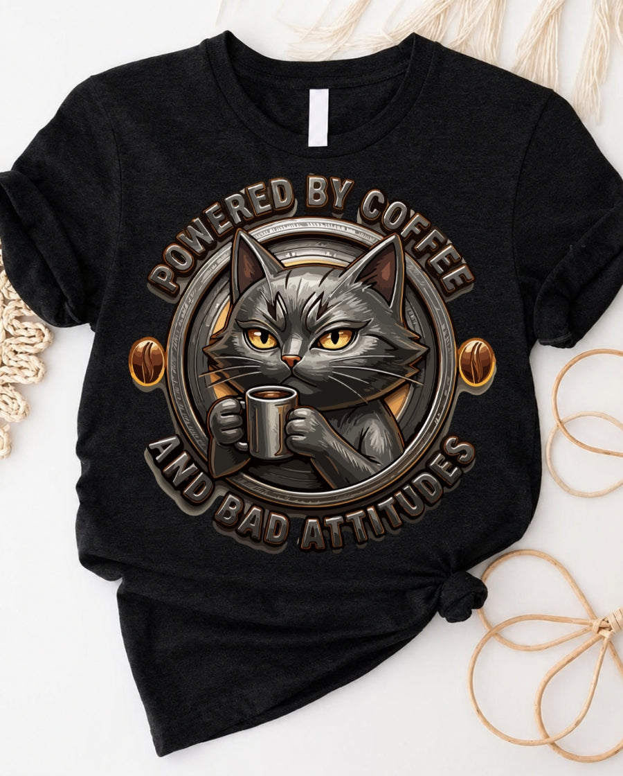 Powered by coffee t-shirt with bold caffeine lover graphic design