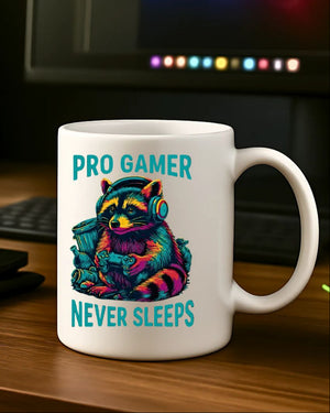 Sleep-deprived raccoon gamer mug with funny slogan
