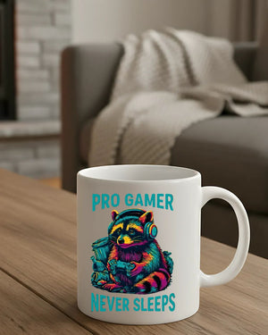 Sleep-deprived raccoon gamer mug with funny slogan