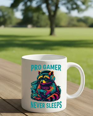 Sleep-deprived raccoon gamer mug with funny slogan