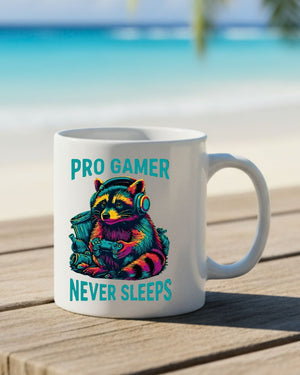Sleep-deprived raccoon gamer mug with funny slogan