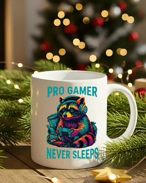 Sleep-deprived raccoon gamer mug with funny slogan
