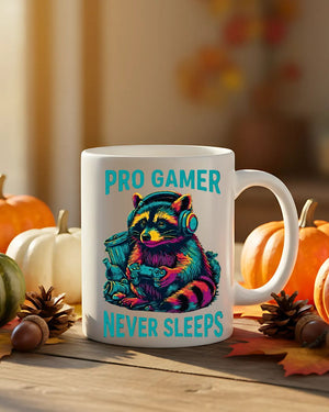 Sleep-deprived raccoon gamer mug with funny slogan