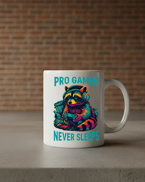 Sleep-deprived raccoon gamer mug with funny slogan