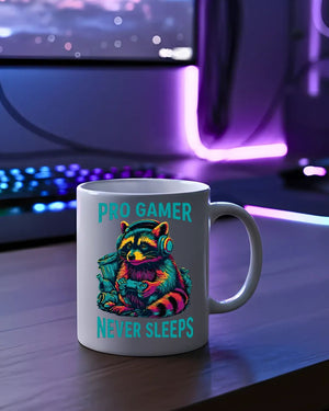Sleep-deprived raccoon gamer mug with funny slogan
