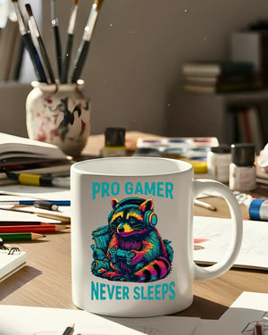 Sleep-deprived raccoon gamer mug with funny slogan