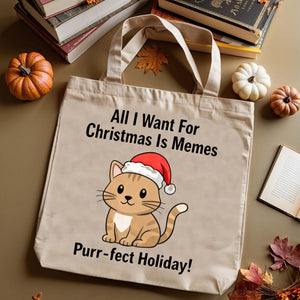 Purrfect Holiday Tote Bag with festive cats and holiday pun design
