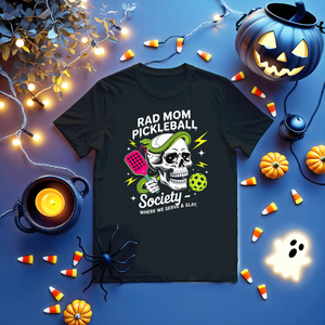 RAD Mom Pickleball Funny Halloween Unisex Tee featuring spooky elements and paddle design by Memez Store