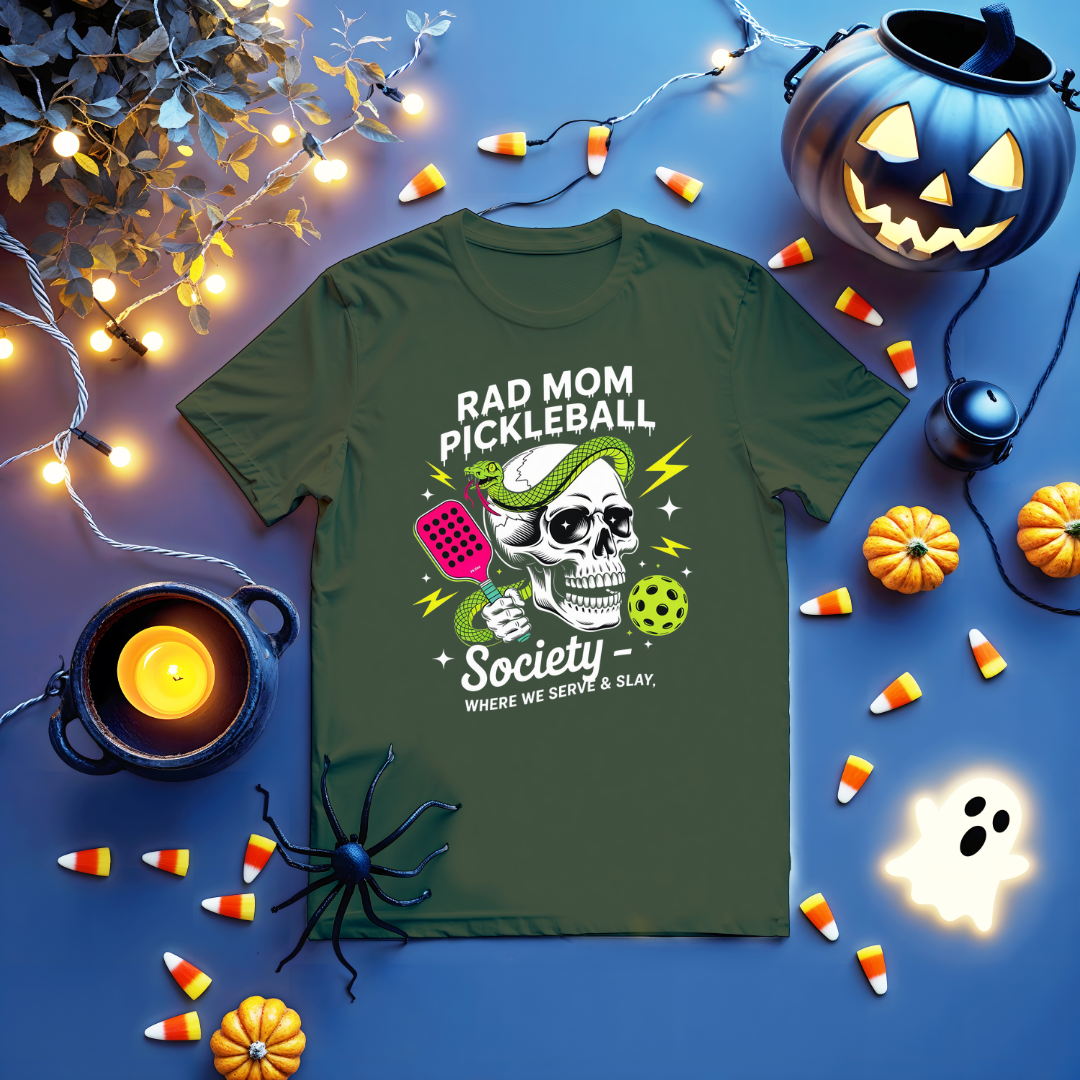 RAD Mom Pickleball Funny Halloween Unisex Tee featuring spooky elements and paddle design by Memez Store