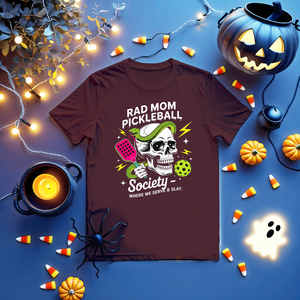 RAD Mom Pickleball Funny Halloween Unisex Tee featuring spooky elements and paddle design by Memez Store
