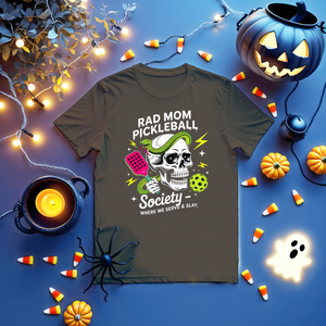 RAD Mom Pickleball Funny Halloween Unisex Tee featuring spooky elements and paddle design by Memez Store