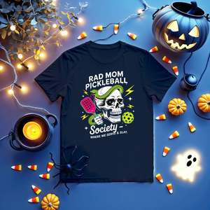 RAD Mom Pickleball Funny Halloween Unisex Tee featuring spooky elements and paddle design by Memez Store