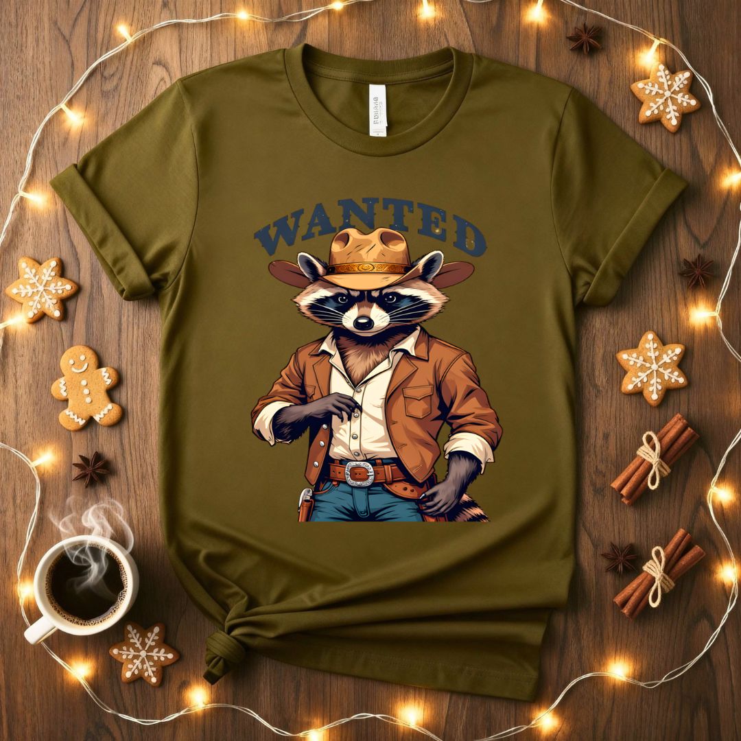 Raccoon Wanted Meme Funny T-Shirt with vintage wanted poster design