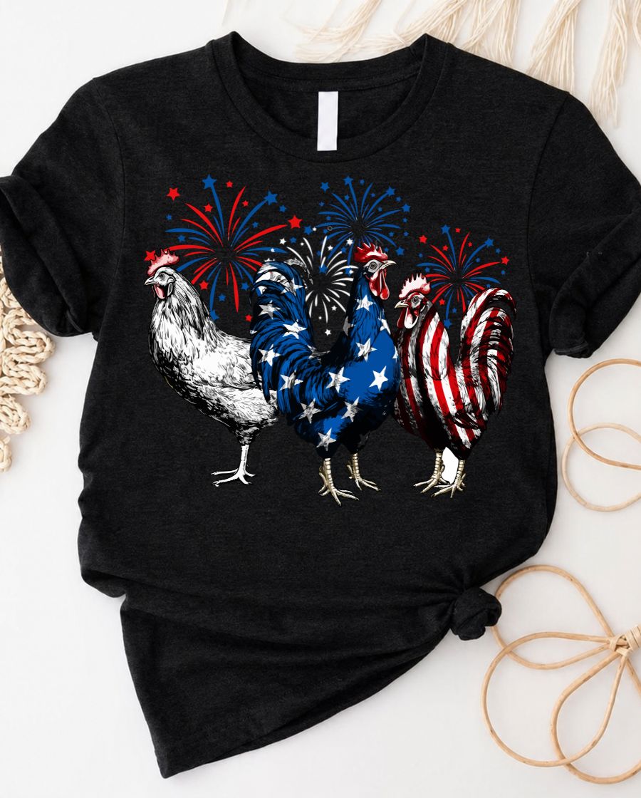 Red White and Blue Chicken 4th of July Tee with patriotic poultry design