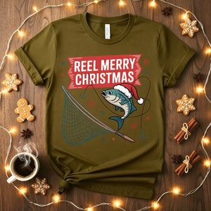 Reel Merry Christmas fishing pun holiday t-shirt