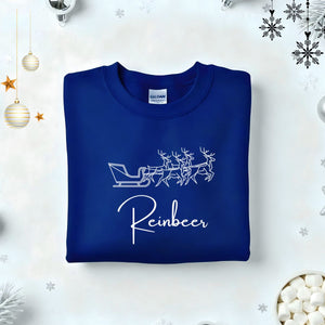 Reinbeer Typographical Embroidered Sweatshirt – funny holiday beer lover sweatshirt with minimalist embroidered text, soft unisex fleece pullover from Memez.Store, perfect for Christmas parties and craft beer enthusiasts.