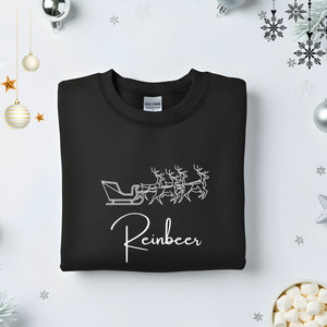Reinbeer Typographical Embroidered Sweatshirt – funny holiday beer lover sweatshirt with minimalist embroidered text, soft unisex fleece pullover from Memez.Store, perfect for Christmas parties and craft beer enthusiasts.