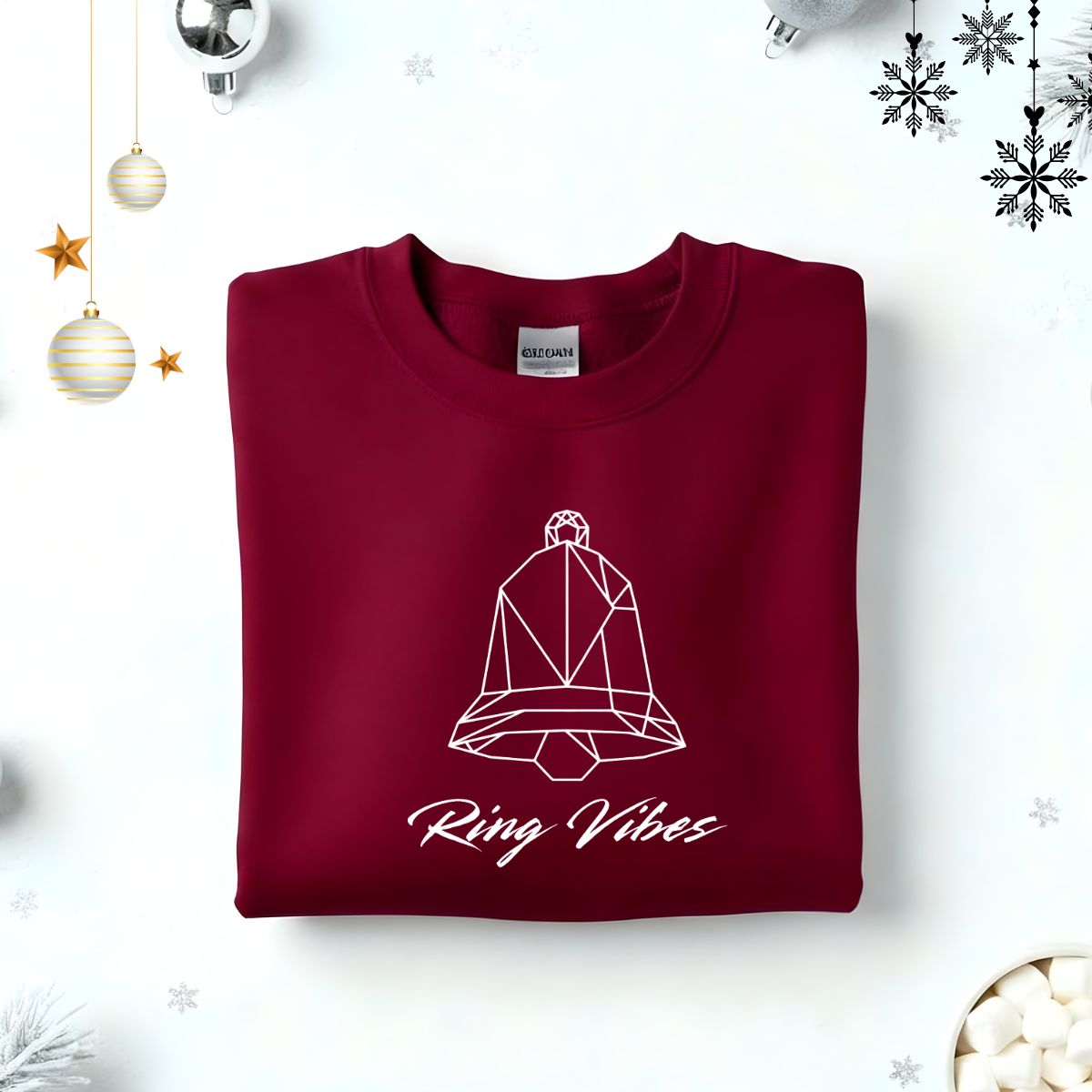 Ringer Vibes Typographical Embroidered Sweatshirt – festive winter sweatshirt with minimalist embroidered text, soft unisex fleece pullover from Memez.Store, perfect for holiday vibes and notification lovers.
