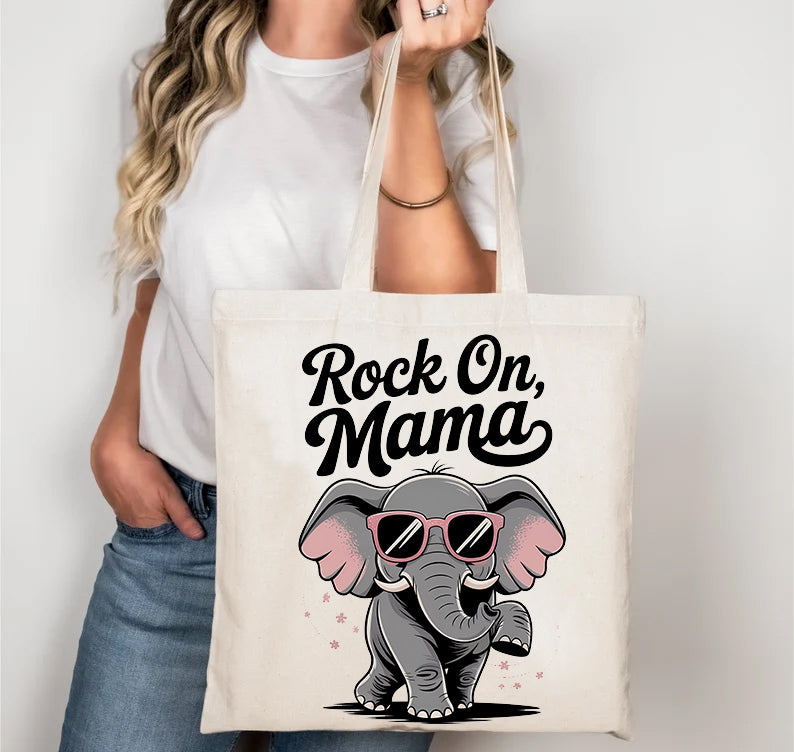 Rock On Mama Funny Tote Bag with baby elephant illustration – perfect for moms with humor and heart – Memez Store