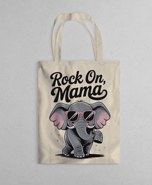 Rock On Mama Funny Tote Bag with baby elephant illustration – perfect for moms with humor and heart – Memez Store
