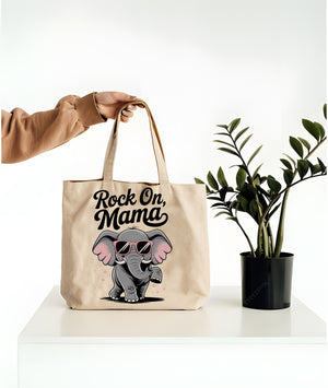 Rock On Mama Funny Tote Bag with baby elephant illustration – perfect for moms with humor and heart – Memez Store