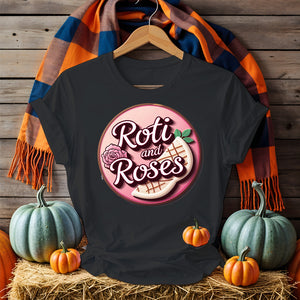 Roti and Roses Tee with chai cup and rose petals on rustic wood table