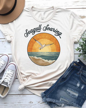 Nature-inspired seagull tee in soft colors for beach lovers