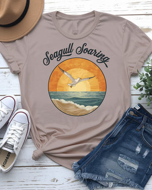 Nature-inspired seagull tee in soft colors for beach lovers
