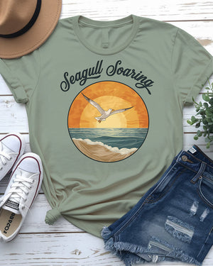 Nature-inspired seagull tee in soft colors for beach lovers