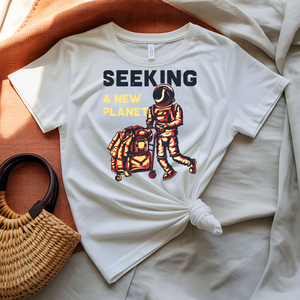 Seeking a New Planet astronaut drifting toward distant world graphic tee on model