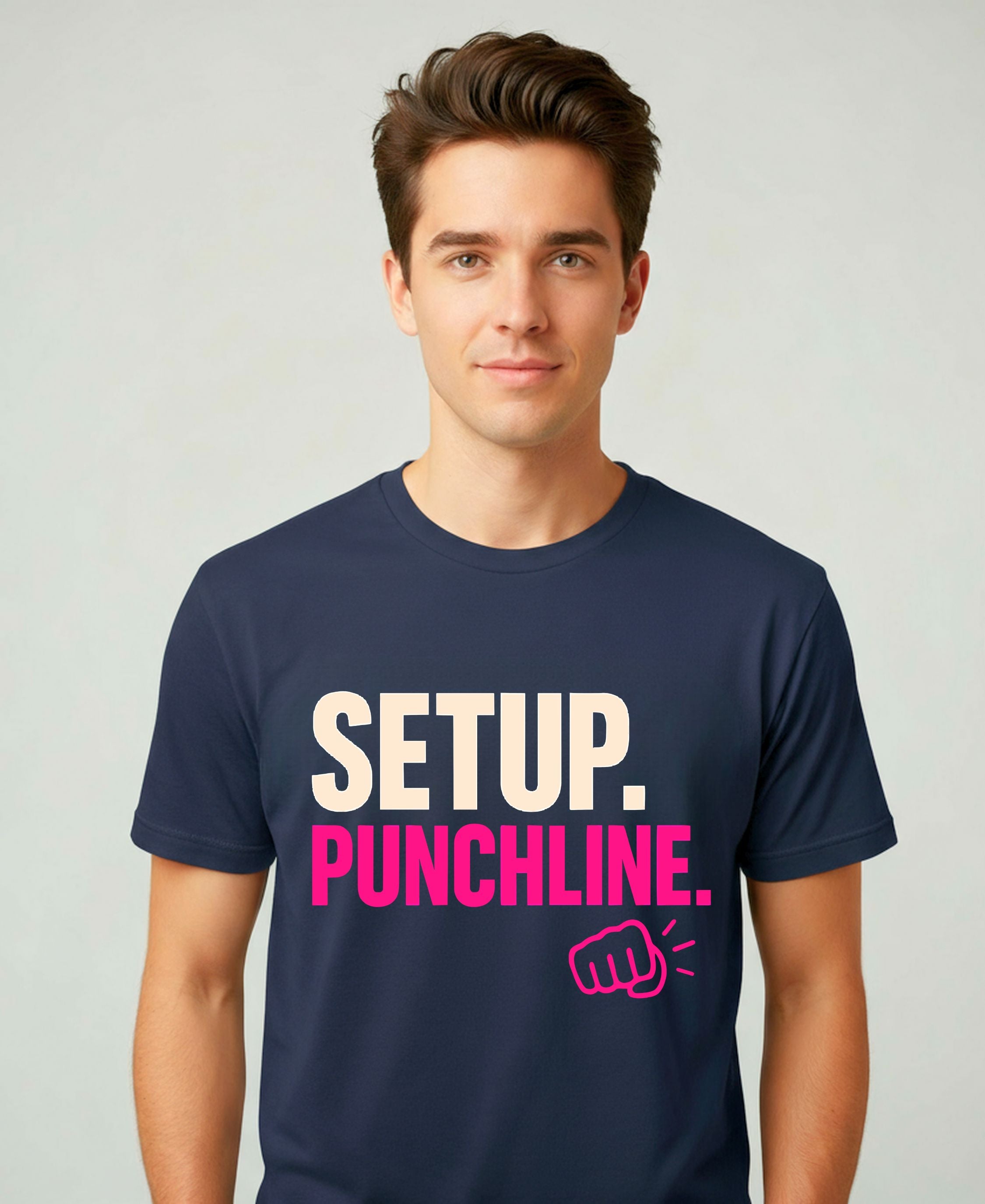 Setup Punchline Meme Funny Tee – Minimalist meme t-shirt with bold text design “Setup Punchline”.