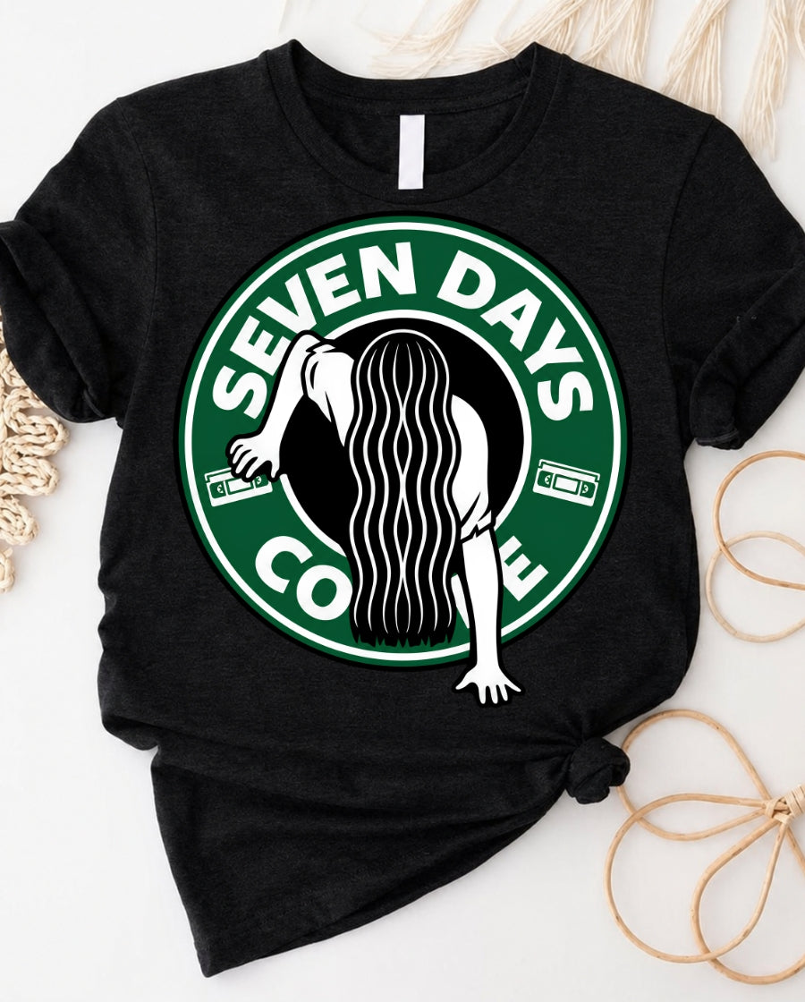 Seven days coffee t-shirt with vintage horror parody logo design