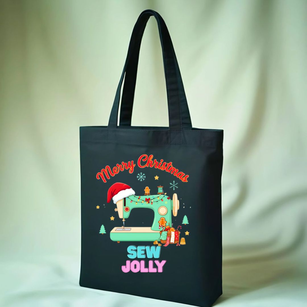 Sew Jolly Tote Bag with spool and holly design