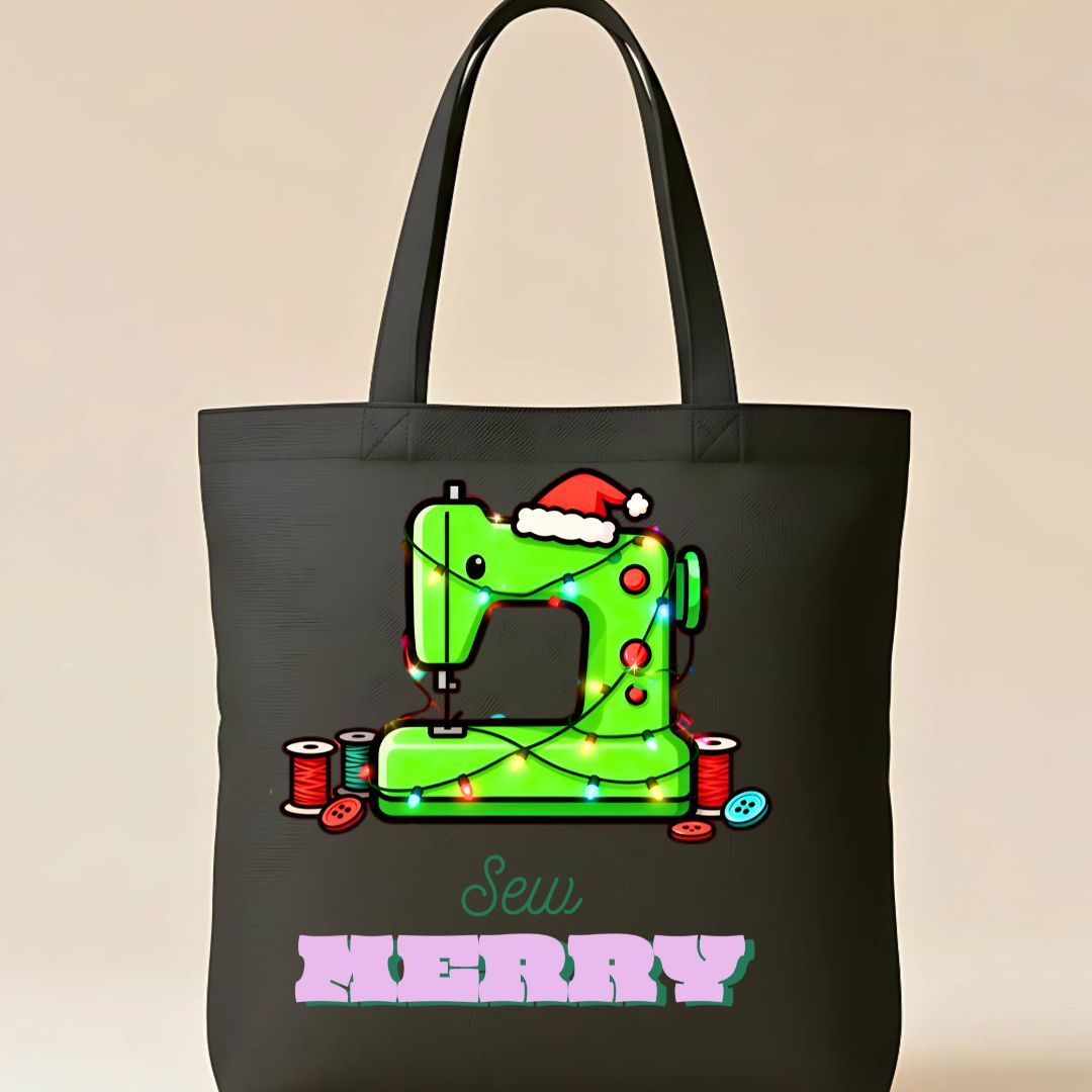 Sew Merry Tote Bag with spool and needle design