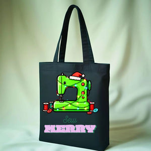 Sew Merry Tote Bag with spool and needle design