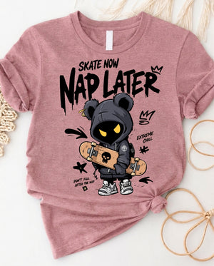 Skater grim bear graphic t-shirt with cute edgy skateboard bear design