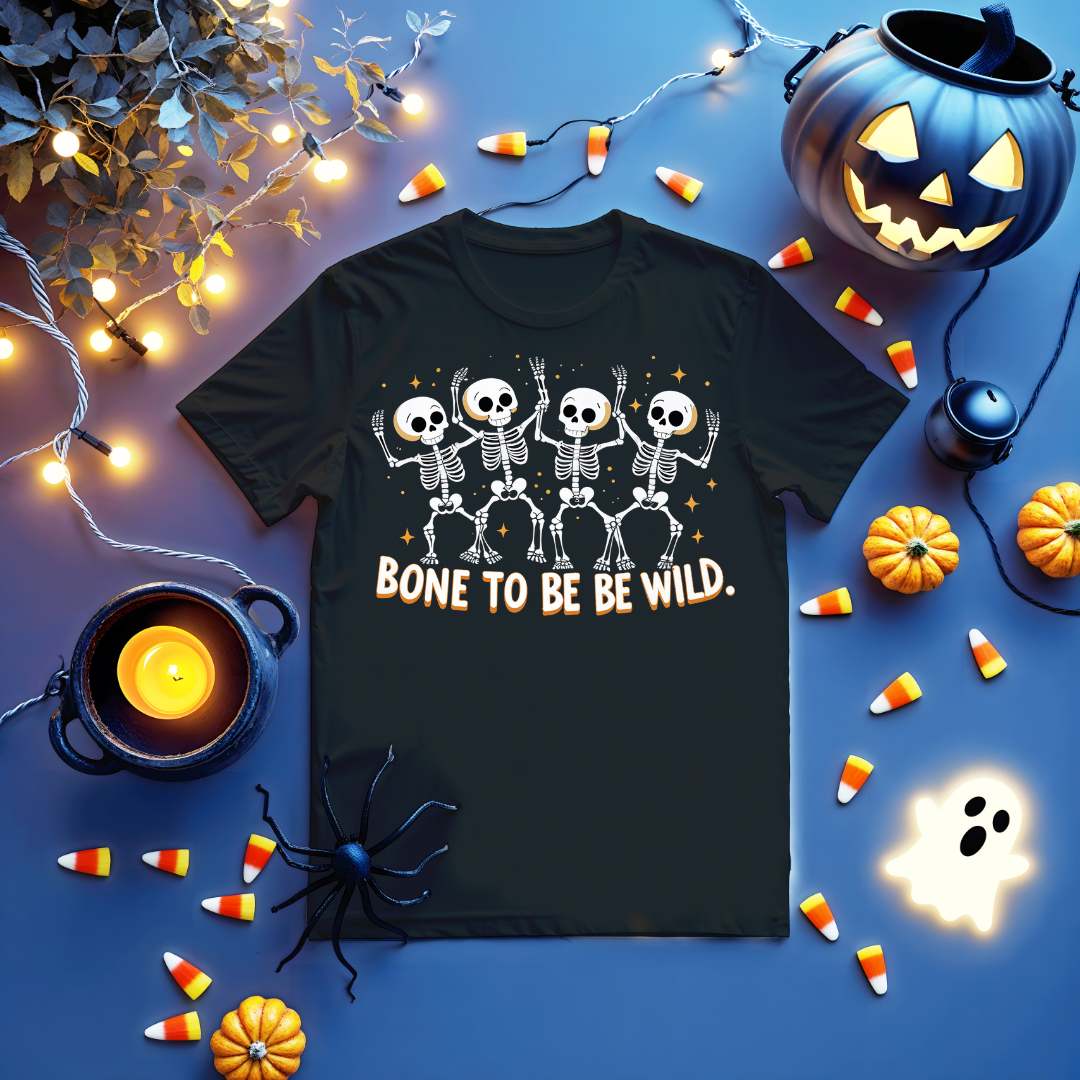 Skeleton meme Halloween T-shirt with “Bone To Be Wild” text