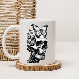 Skull with butterfly funny dark humor ceramic coffee mug