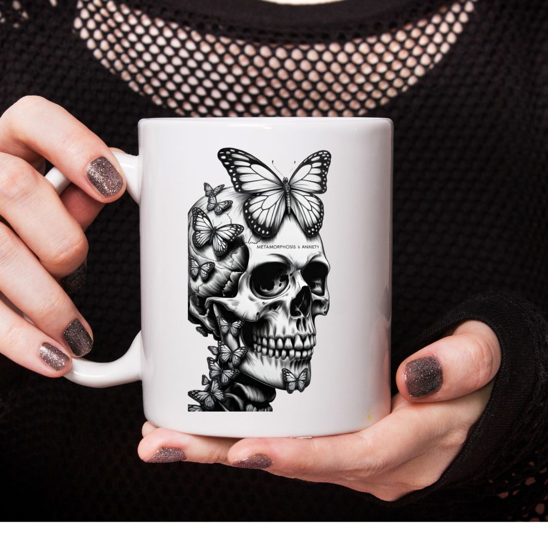 Skull with butterfly funny dark humor ceramic coffee mug