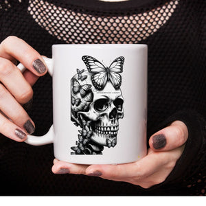 Skull with butterfly funny dark humor ceramic coffee mug